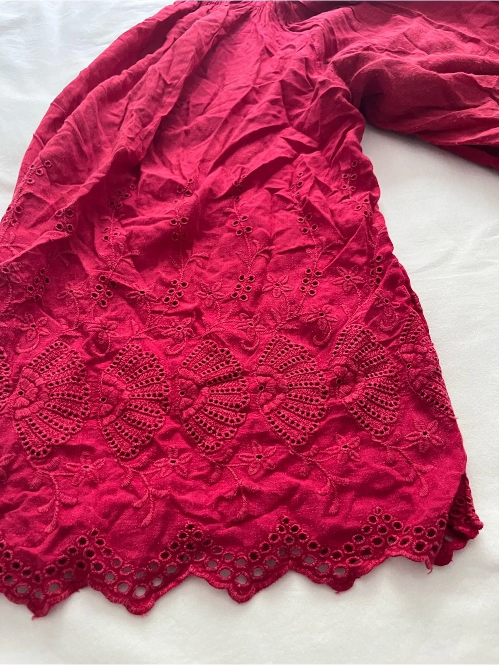 Free People Berry Red Boho Blouse Smocked Neck Embroidered Eyelet Long Sleeve S
